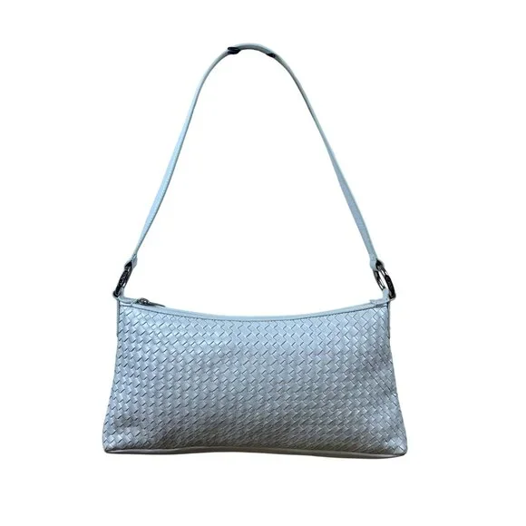 Alfani Womens White Leather Woven Zip Closure Designer Handle Shoulder Bag - Picture 9 of 14